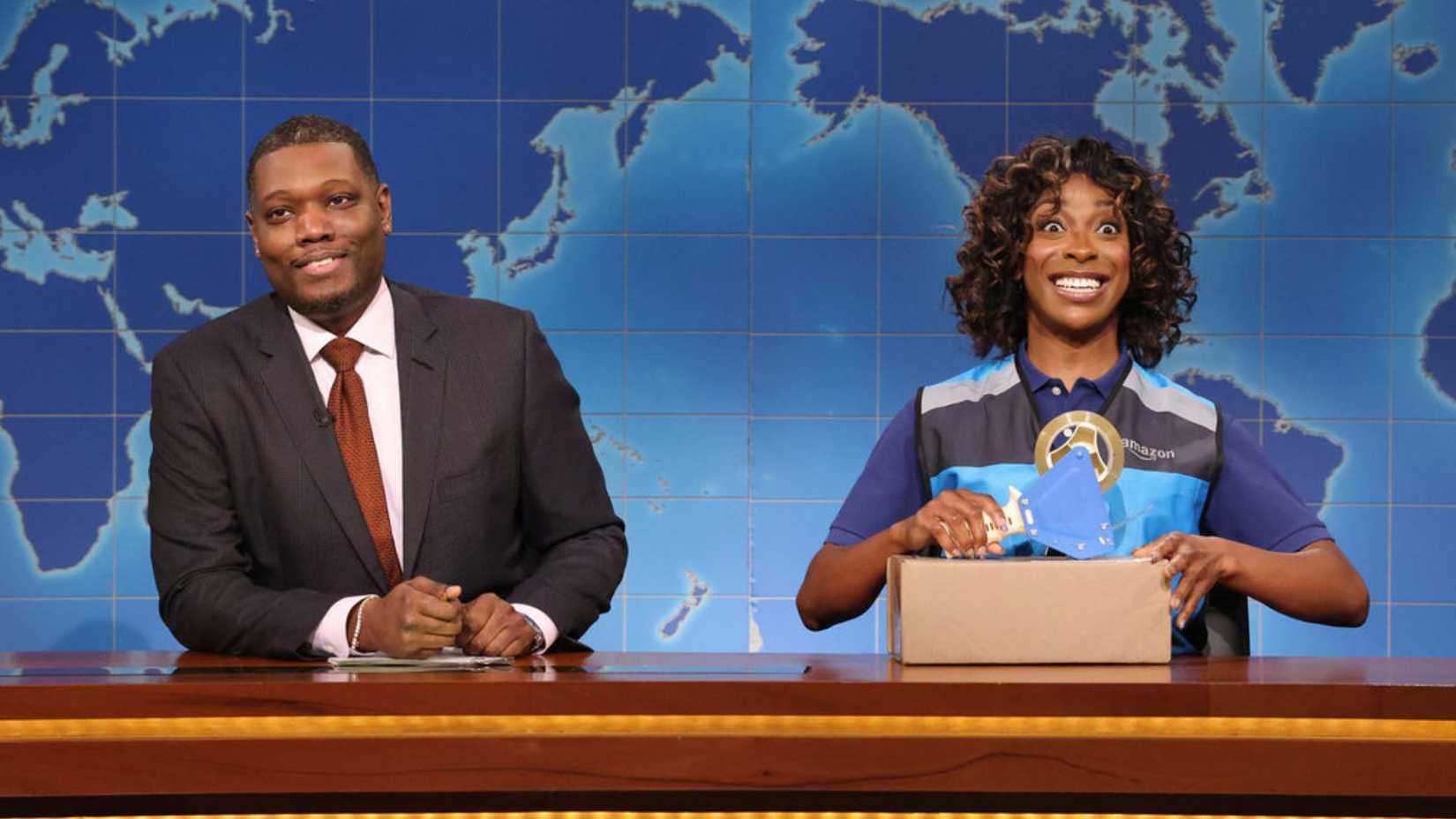 Ego Nwodim plays an Amazon delivery driver in a Weekend Update segment with Michael Che on Saturday Night Live