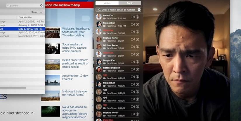 John Cho looks at a computer screen with missed calls and facetimes in Searching