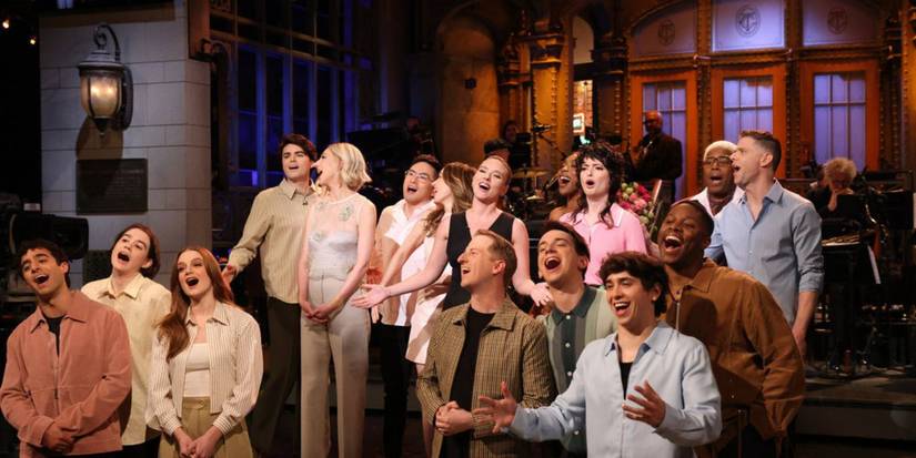 The season 50 Saturday Night Live cast in the monologue of the season finale with Scarlett Johansson