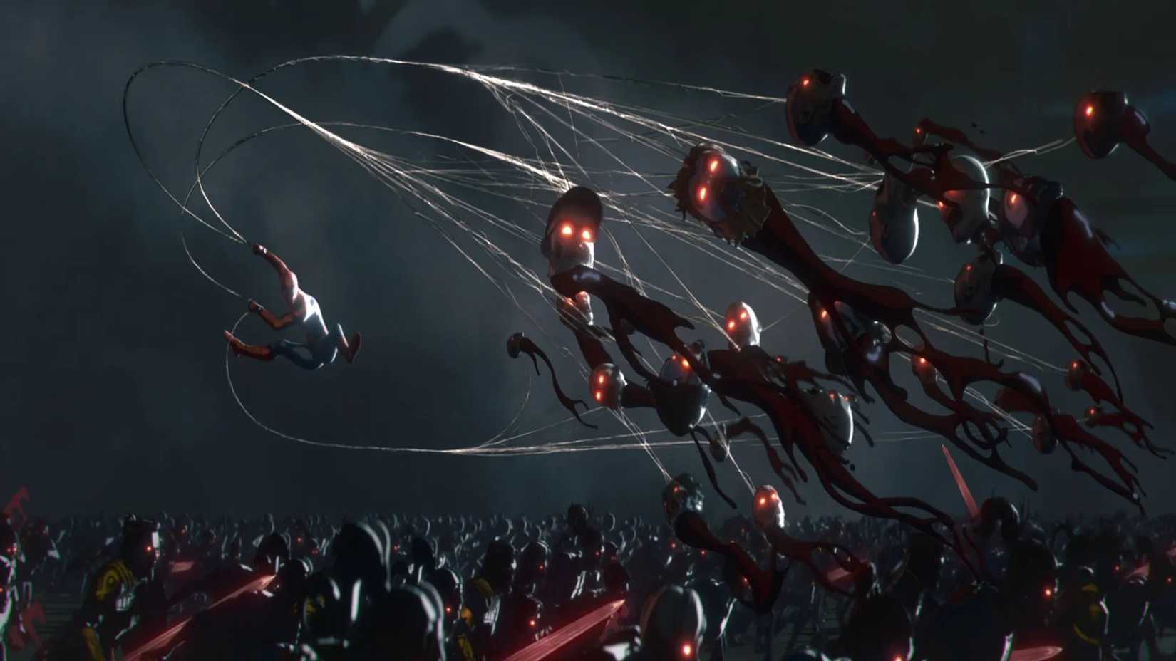 Spider-Man pulling off the heads of many zombies in Marvel Zombies