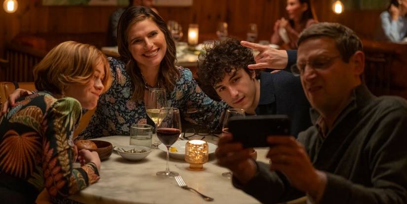 Tim Robinson and the cast of The Chair Company taking a selfie at dinner
