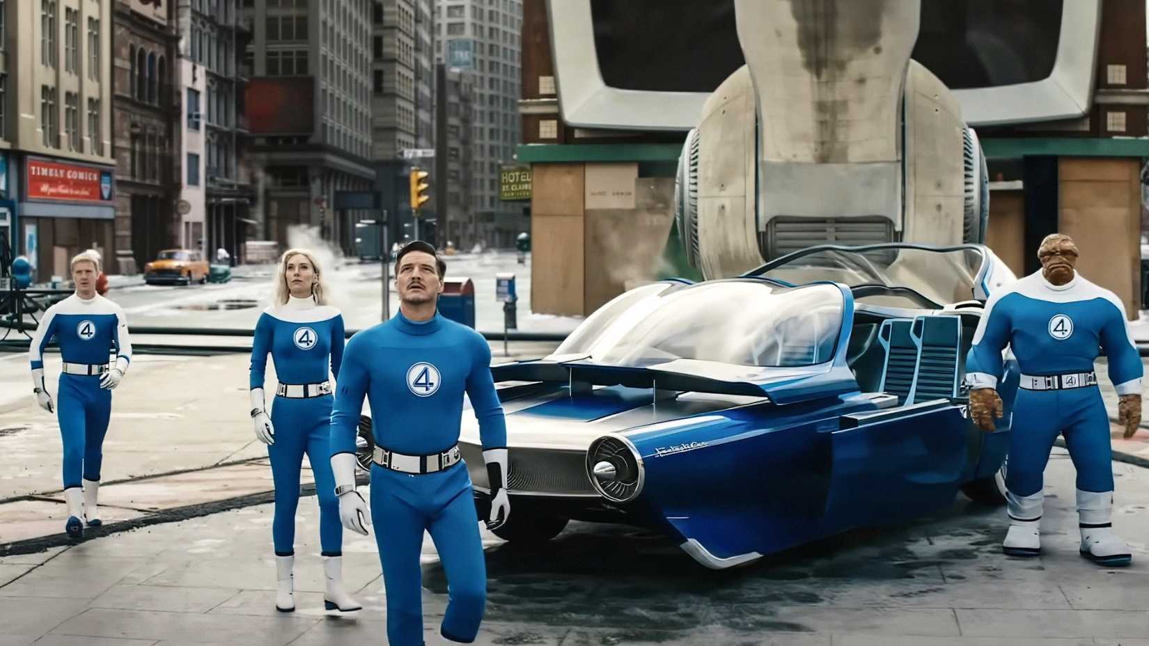 THE FANTASTIC FOUR: FIRST STEPS, (aka THE FANTASTIC FOUR), from left: Joseph Quinn as Johnny Storm / Human Torch, Vanessa Kirby as Sue Storm / Invisible Woman, Pedro Pascal as Reed Richards / Mister Fantastic, Ebon Moss-Bachrach as Benjamin Grimm / The Thing, 2025.