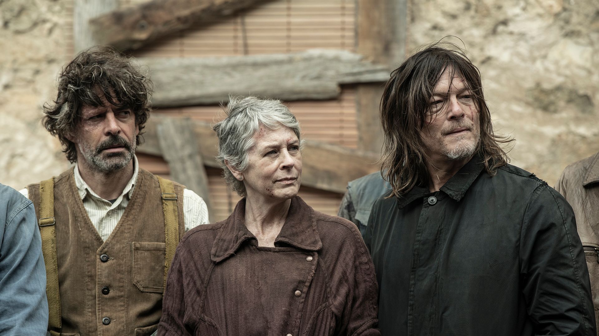 Carol and Daryl standing with another man in The Walking Dead: Daryl Dixon.