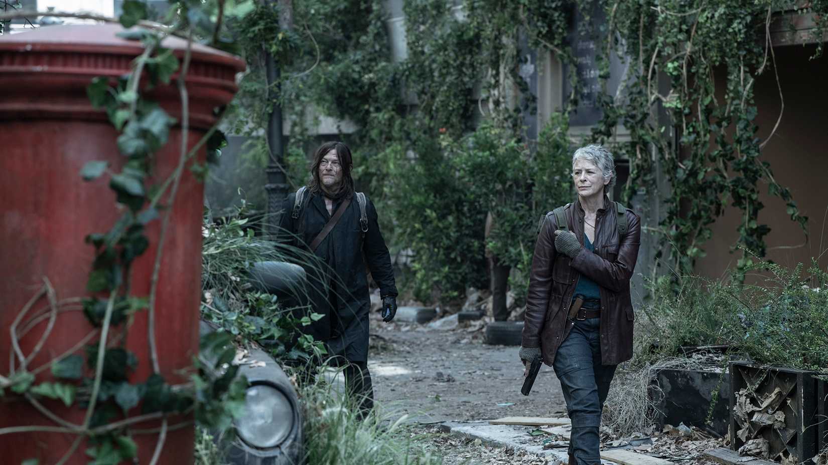Daryl and Carol walking in England in The Walking Dead: Daryl Dixon.
