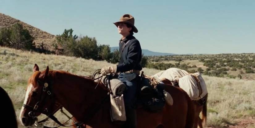 Timothee Chalamet riding a horse in Hostiles