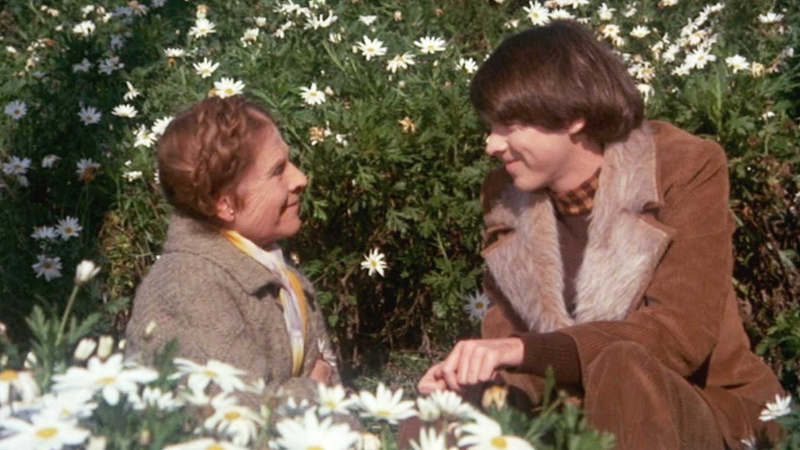 Ruth Gordon as Maude and Bud Cort as Harold Chasen in a garden in 'Harold and Maude' (1971)