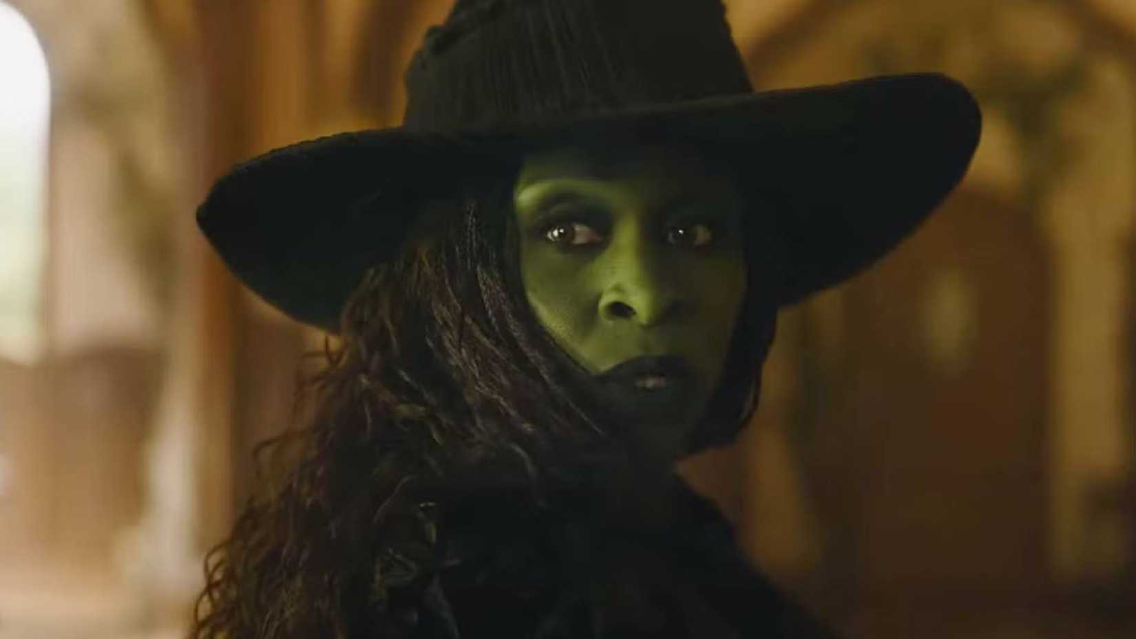 Cynthia Erivo as Elphaba in Wicked For Good turning around to someone off-screen
