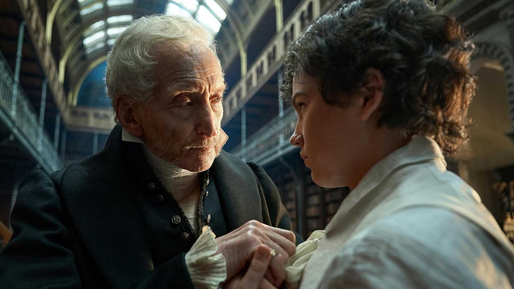 Charles Dance in Frankenstein speaking to a young boy