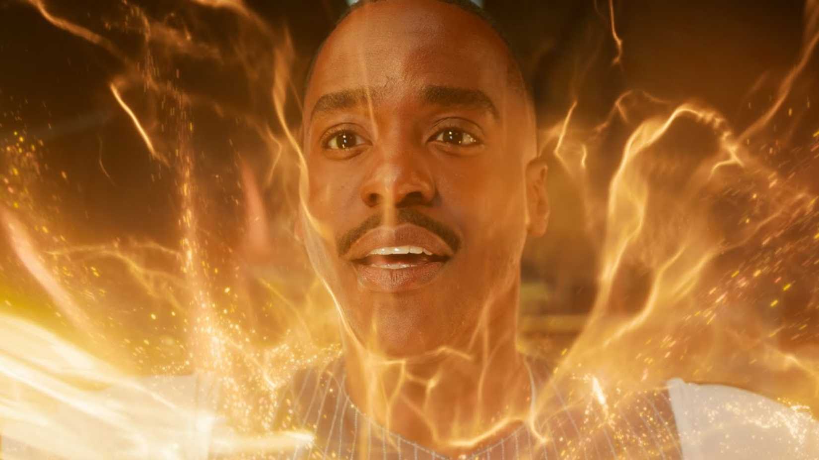 Ncuti Gatwa as the Fifteenth Doctor, surrounded by regeneration energy, in Doctor Who.