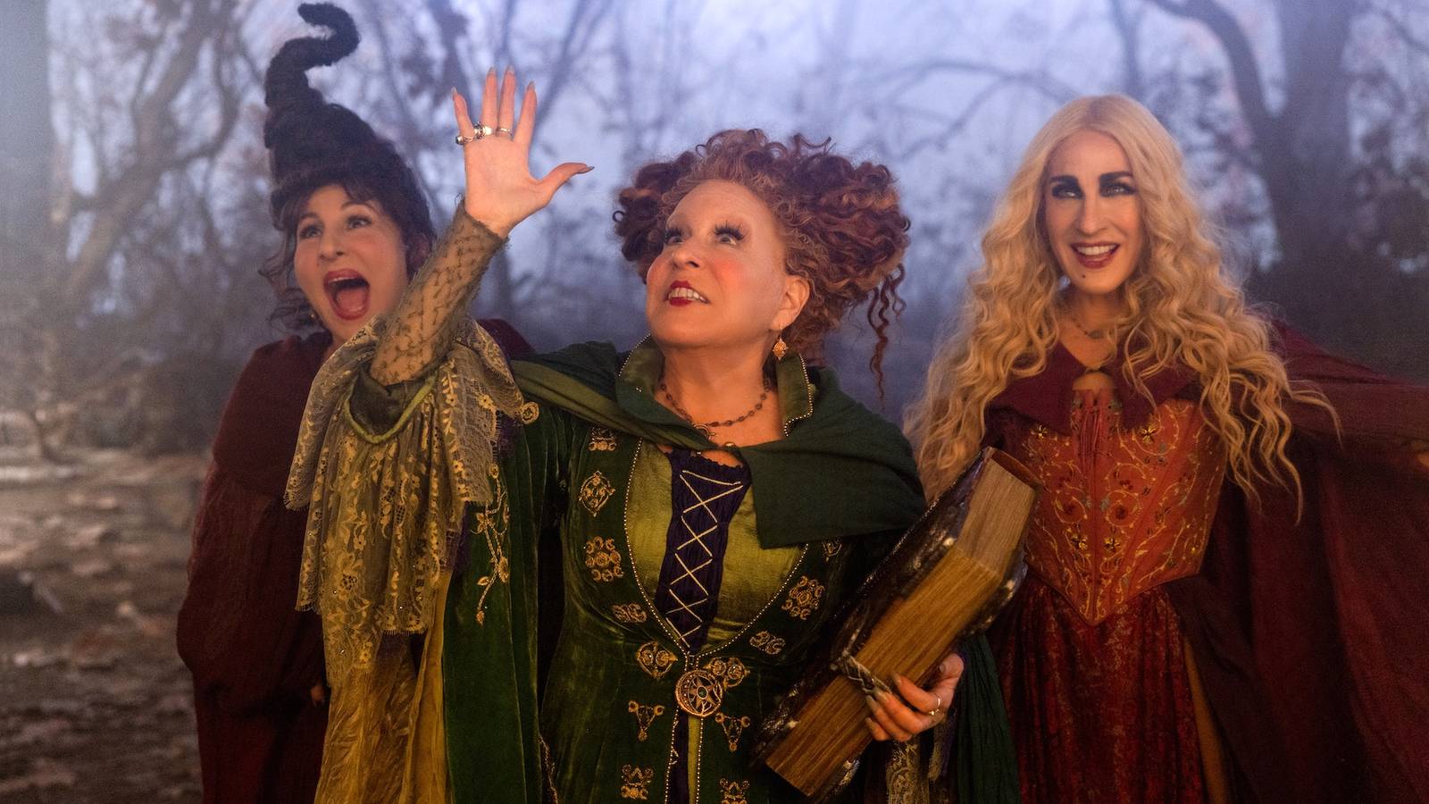 Kathy Najimy as Mary Sanderson, Bette Midler as Winifred Sanderson, and Sarah Jessica Parker as Sarah Sanderson in Disney's Hocus Pocus 2
