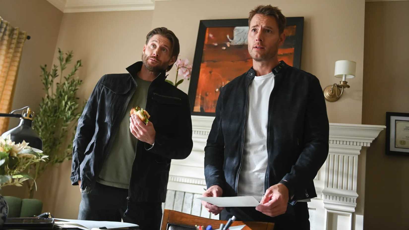 Jensen Ackles & Justin Hartley star in Tracker looking at somone off-screen
