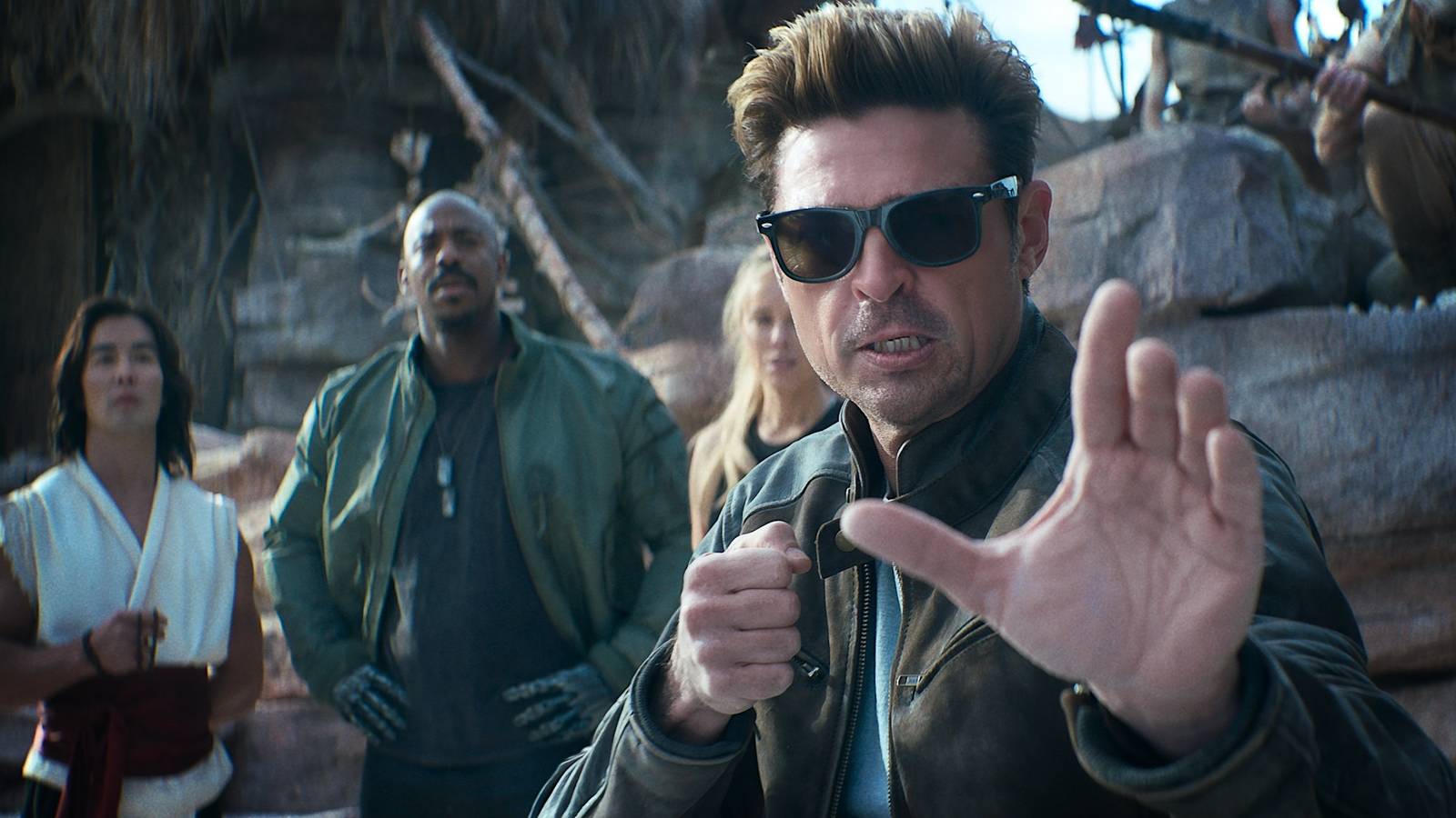 Ludi Lin's Liu Kang, Mehcad Brooks' Jackson 'Jax' Briggs, Jessica McNamee's Sonya Blade, and Karl Urban's Johnny Cage in Mortal Kombat II