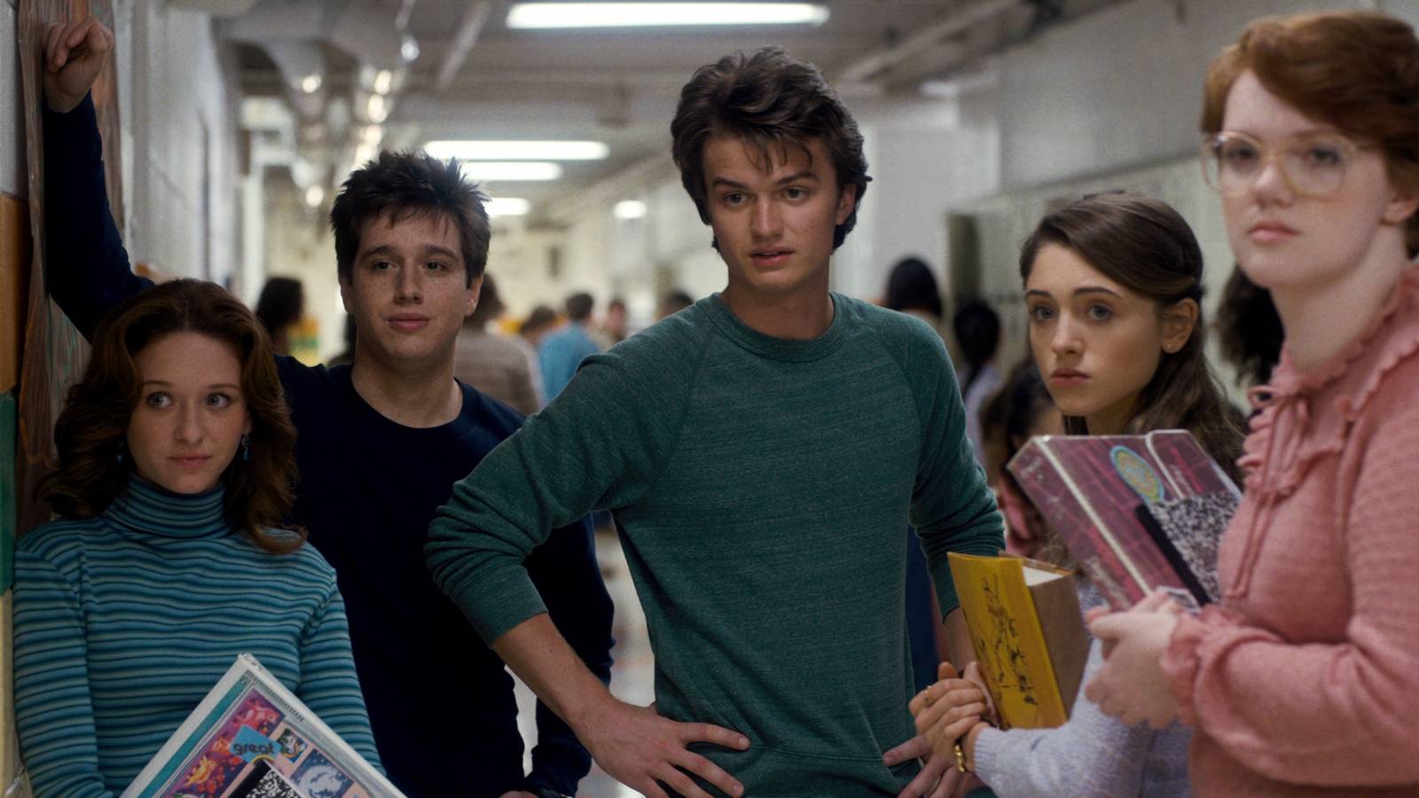 Joe Keery's Steve Harrington, Natalia Dyer's Nancy Wheeler, and Shannon Purser's Barb Holland in Stranger Things