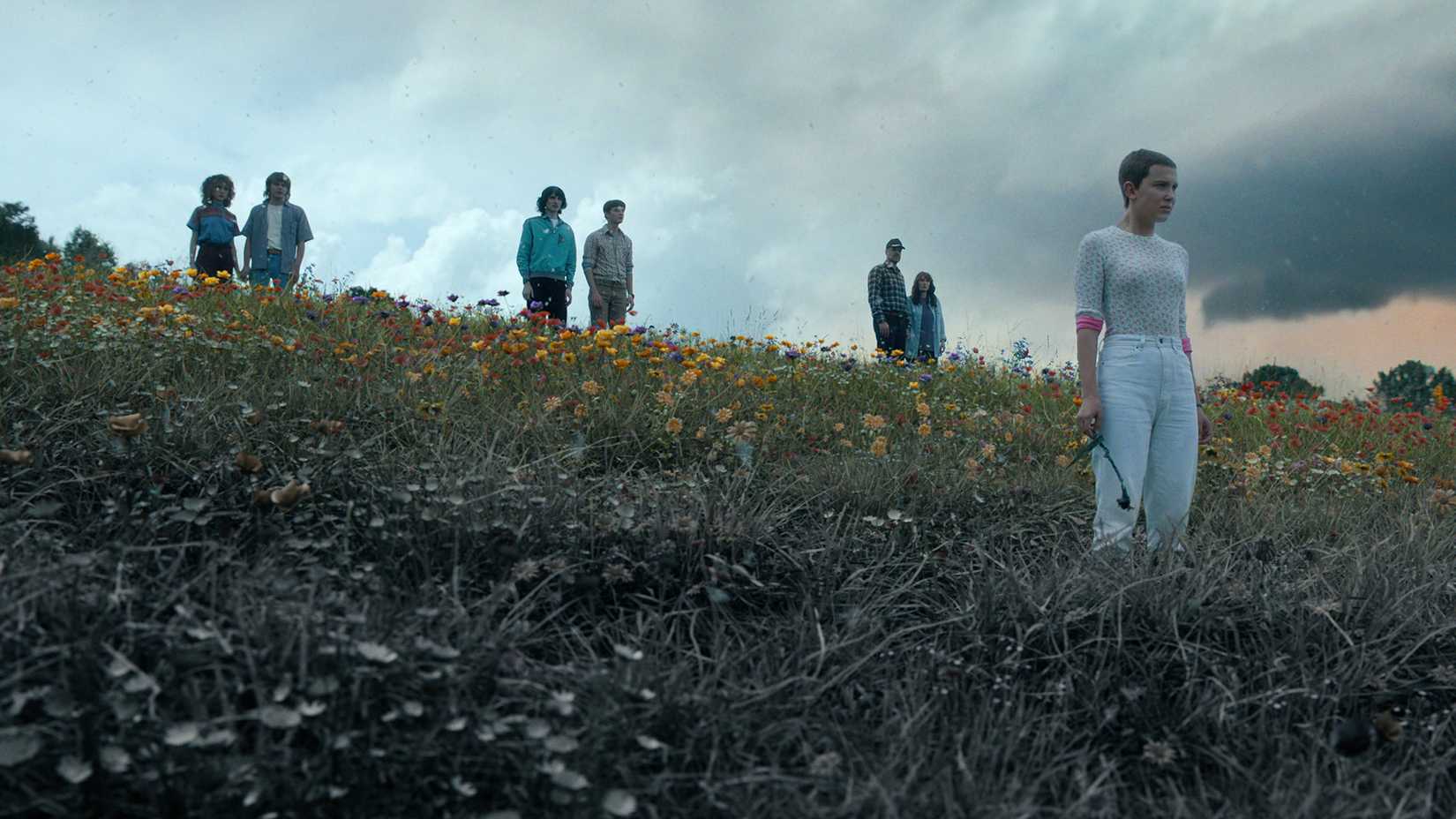 Everyone stands in a desolate scene with withered grass in Stranger Things.