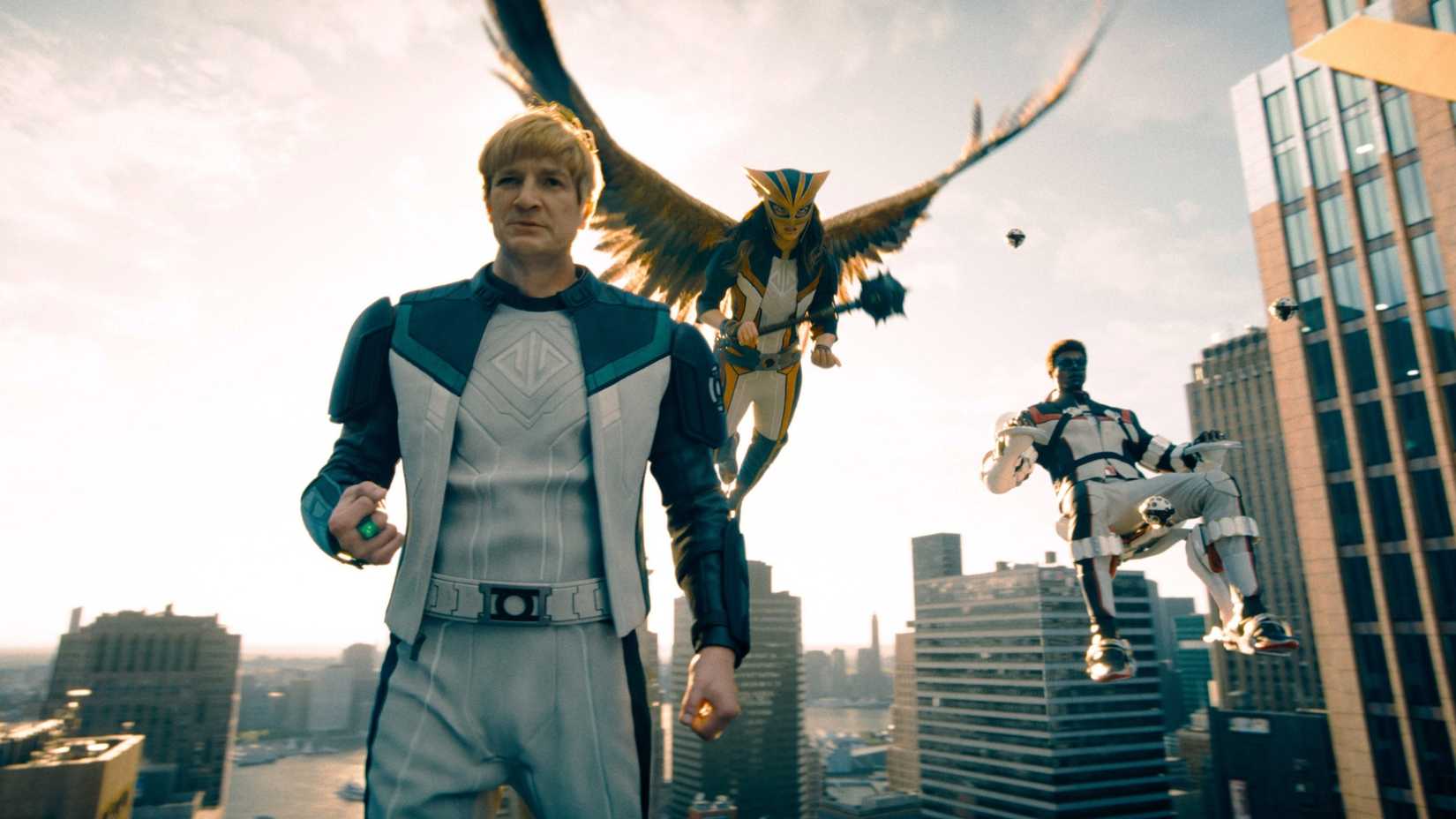 SUPERMAN, from left Nathan Fillion, as Guy Gardner, Isabela Merced, as Hawkgirl, Edi Gathegi, as Mr. Terrific, 2025