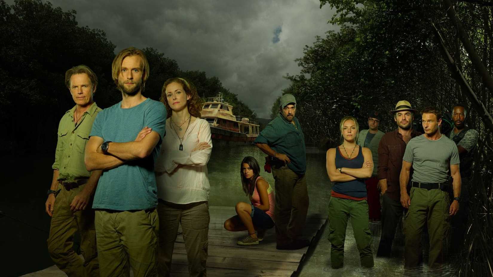 The River cast standing in the Amazon rainforest