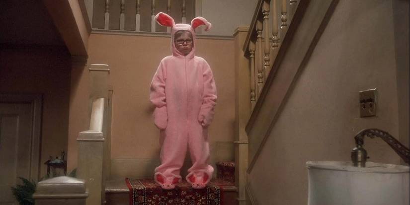 Peter Billingsley in a pink bunny costume in A Christmas Story