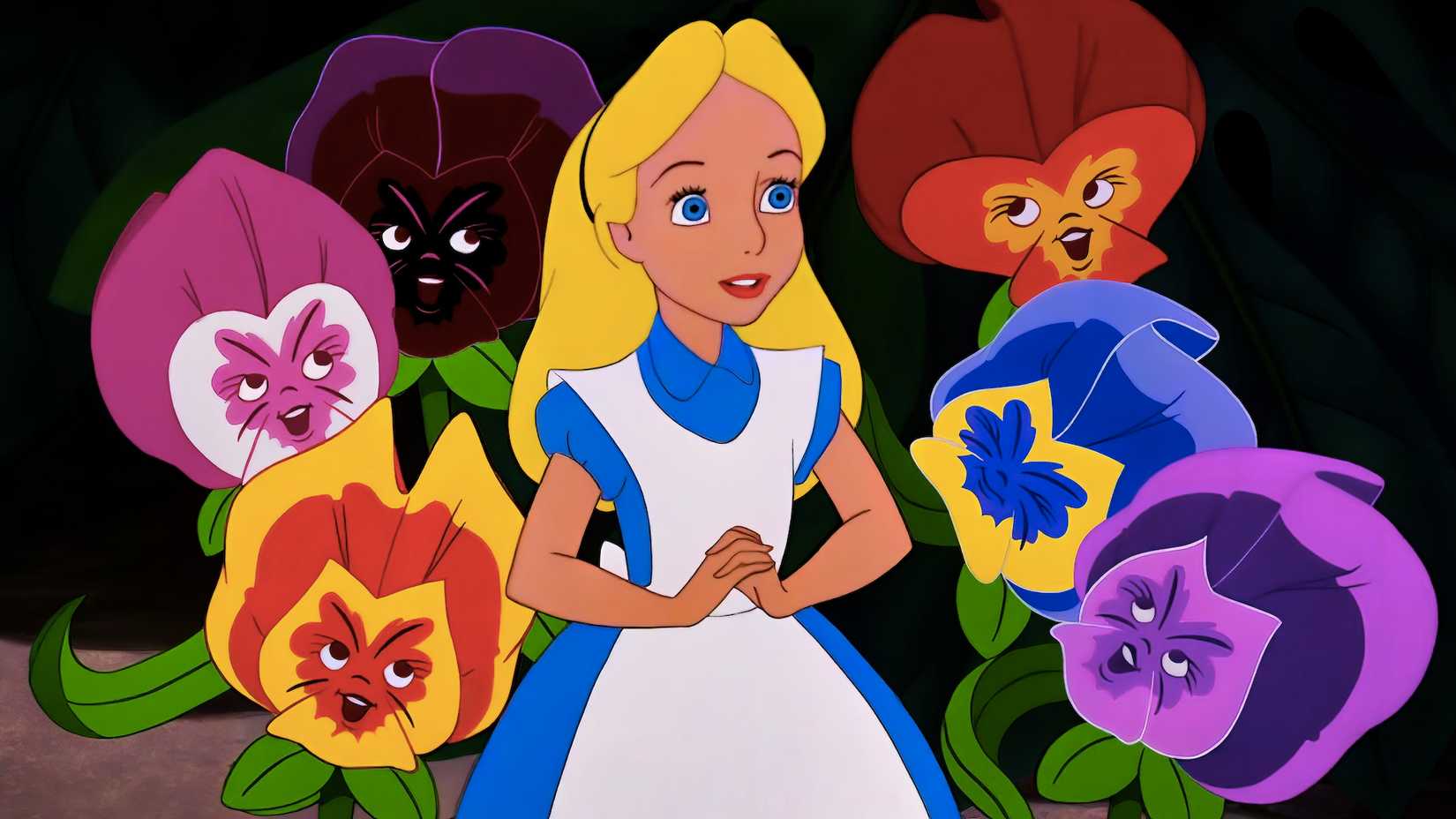 Alice standing among the flowers in Walt Disney's Alice in Wonderland