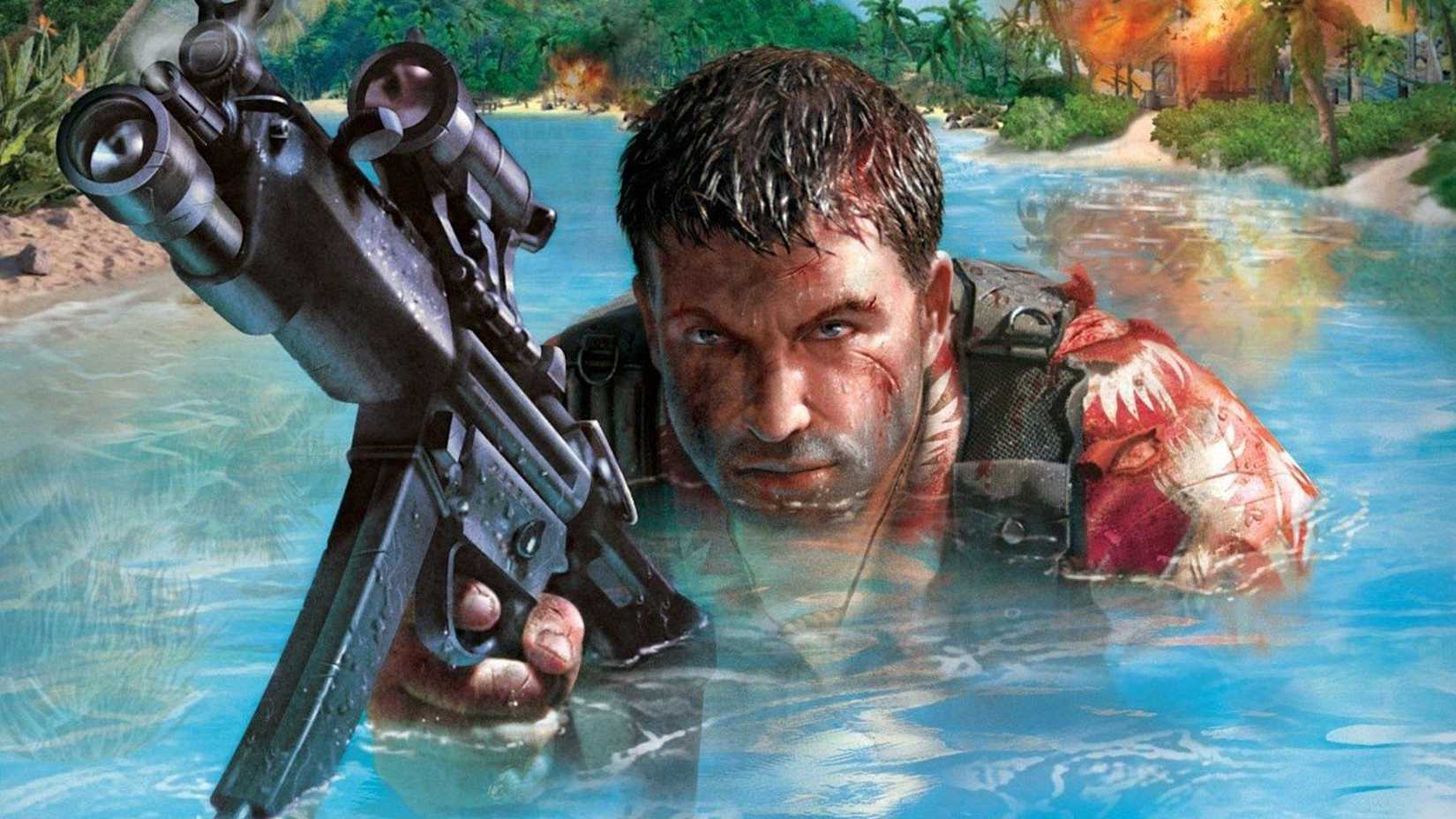 A man emerges from the water on the cover of the 'Far Cry' video game
