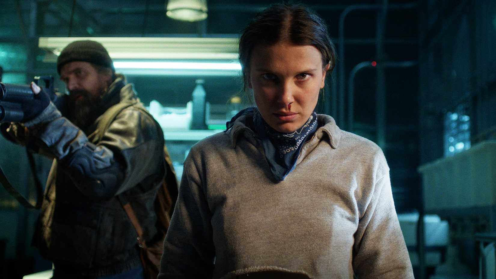 Still from Stranger Things Season 5 showing Eleven looking angry.