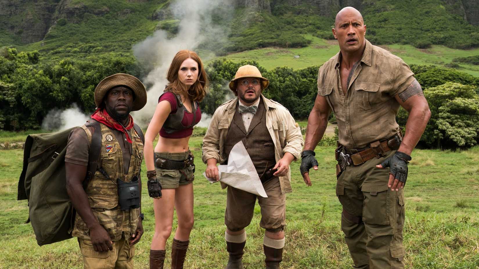 Kevin Hart, Karen Gillan, Jack Black and Dwayne Johnson in Jumani: Welcome to the Jungle