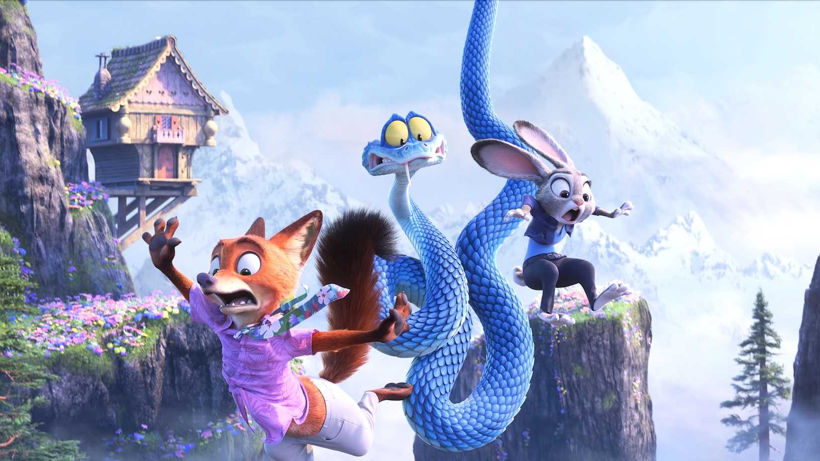 Nick Wilde, Gary De'Snake, and Judy Hopps falling through the air in 'Zootopia 2'