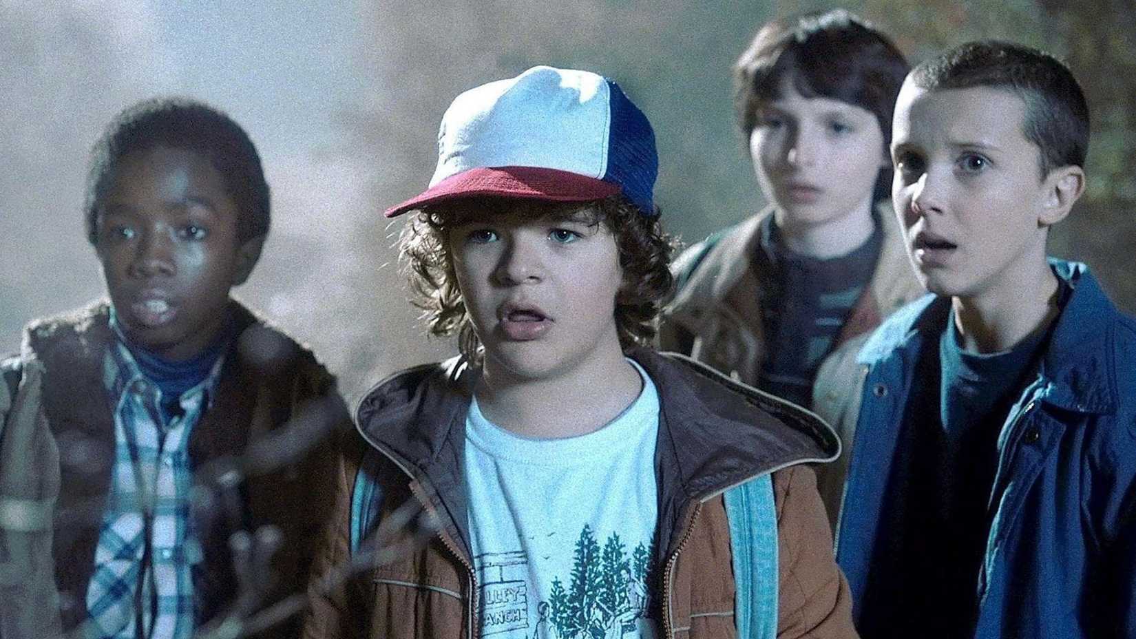 Lucas, Dustin, Mike, and Eleven in Season 1 in Stranger Things.