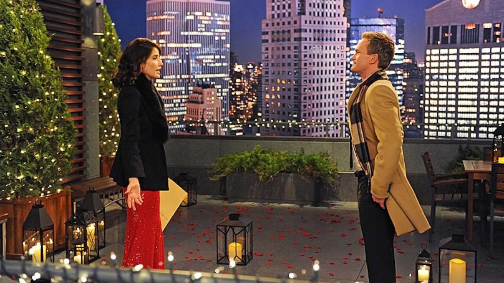 Robin arguing with Barney before his proposal on the roof of the World Wide News building in How I Met Your Mother.