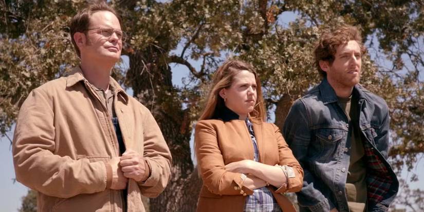 Dwight, Fannie, and Jeb on their farm, looking out over the horizon, in The Office.