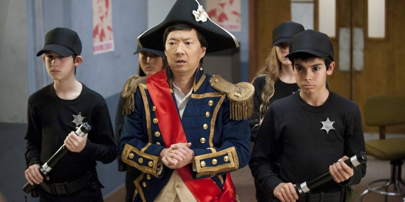 Chang, dressed like a dictator, roaming the halls of Greendale with his child soldiers in the Community episode "The First Chang Dynasty."