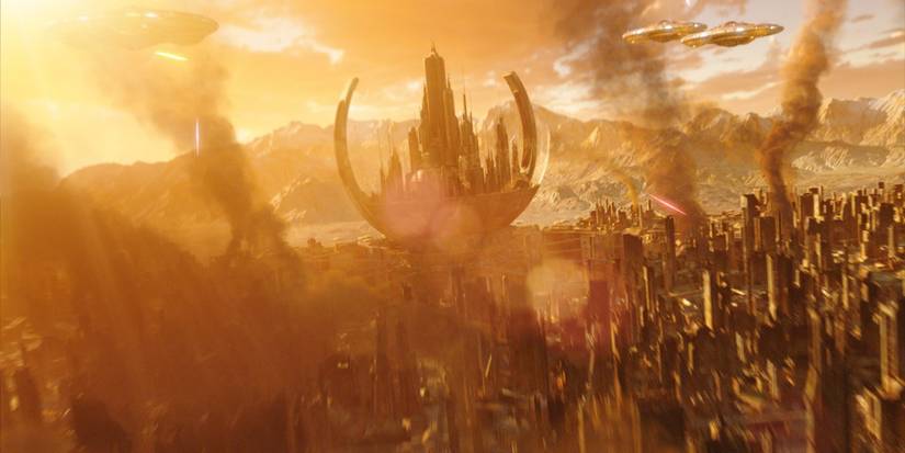 Dalek ships flying across a burning Gallifrey in the Doctor Who 50th anniversary special, 