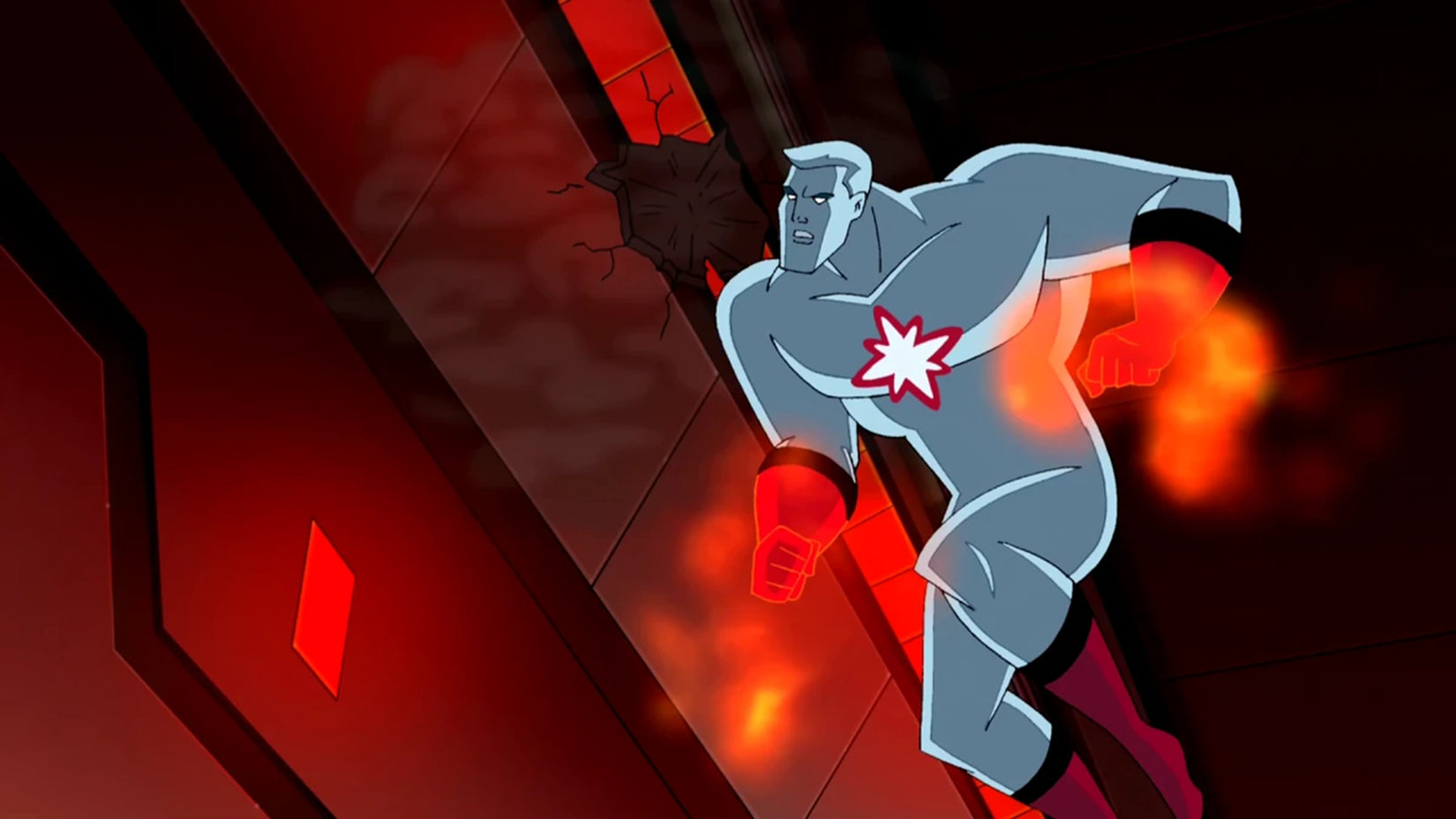Captain Atom flying with red sun energy on his fists