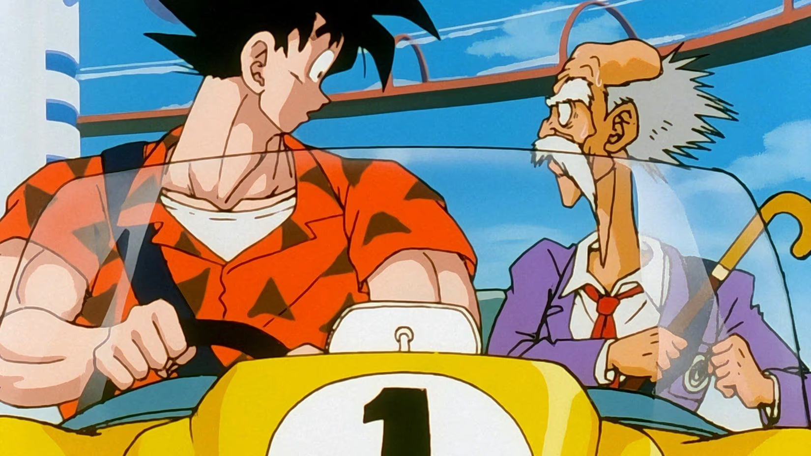 Goku driving a car with an instructor