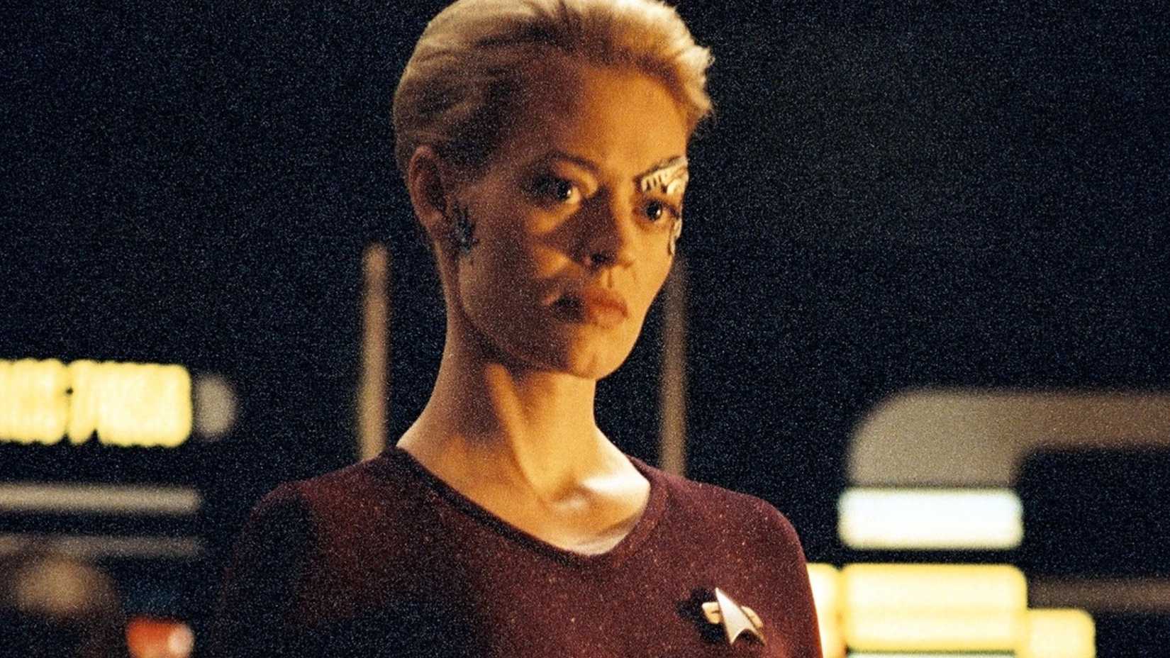 Jeri Ryan looking serious as Seven of Nine in Star Trek Voyager