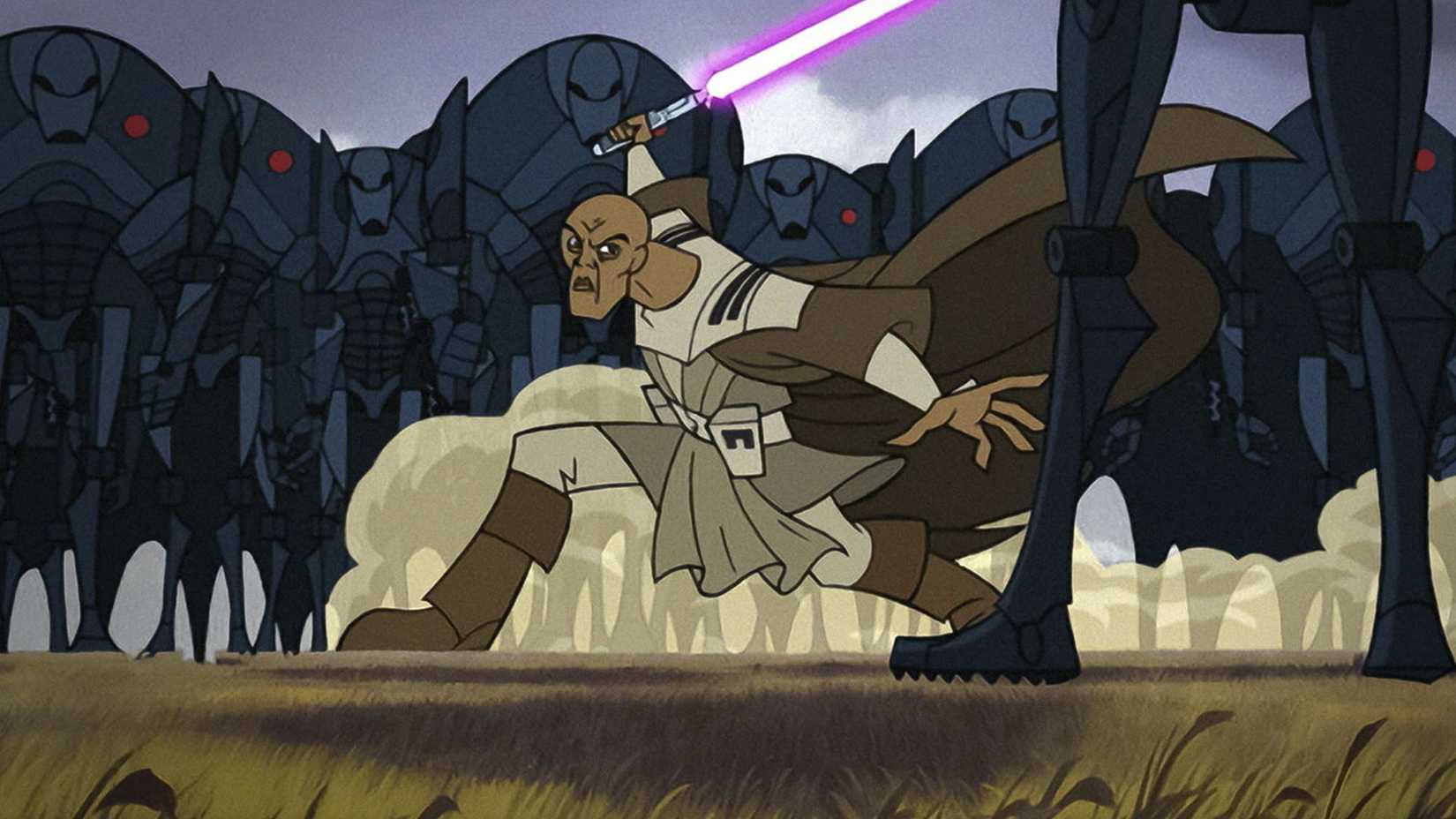 Mace Windu fighting droids in Star Wars Clone Wars