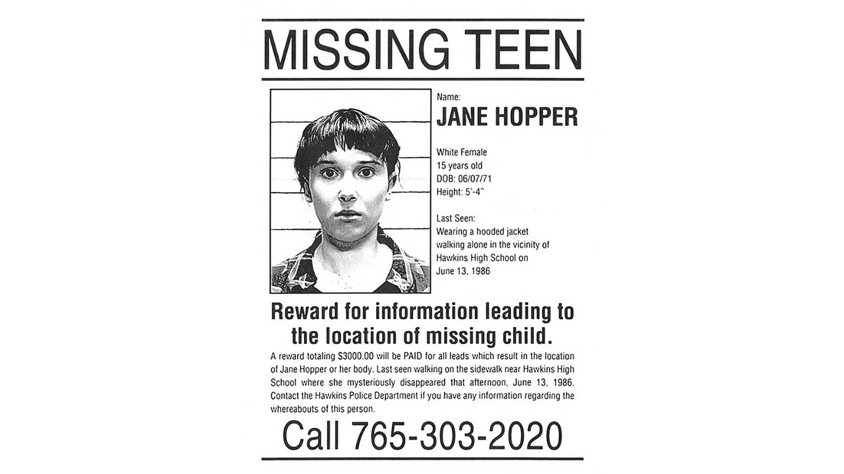 A missing persons poster showing El's face in Stranger Things.