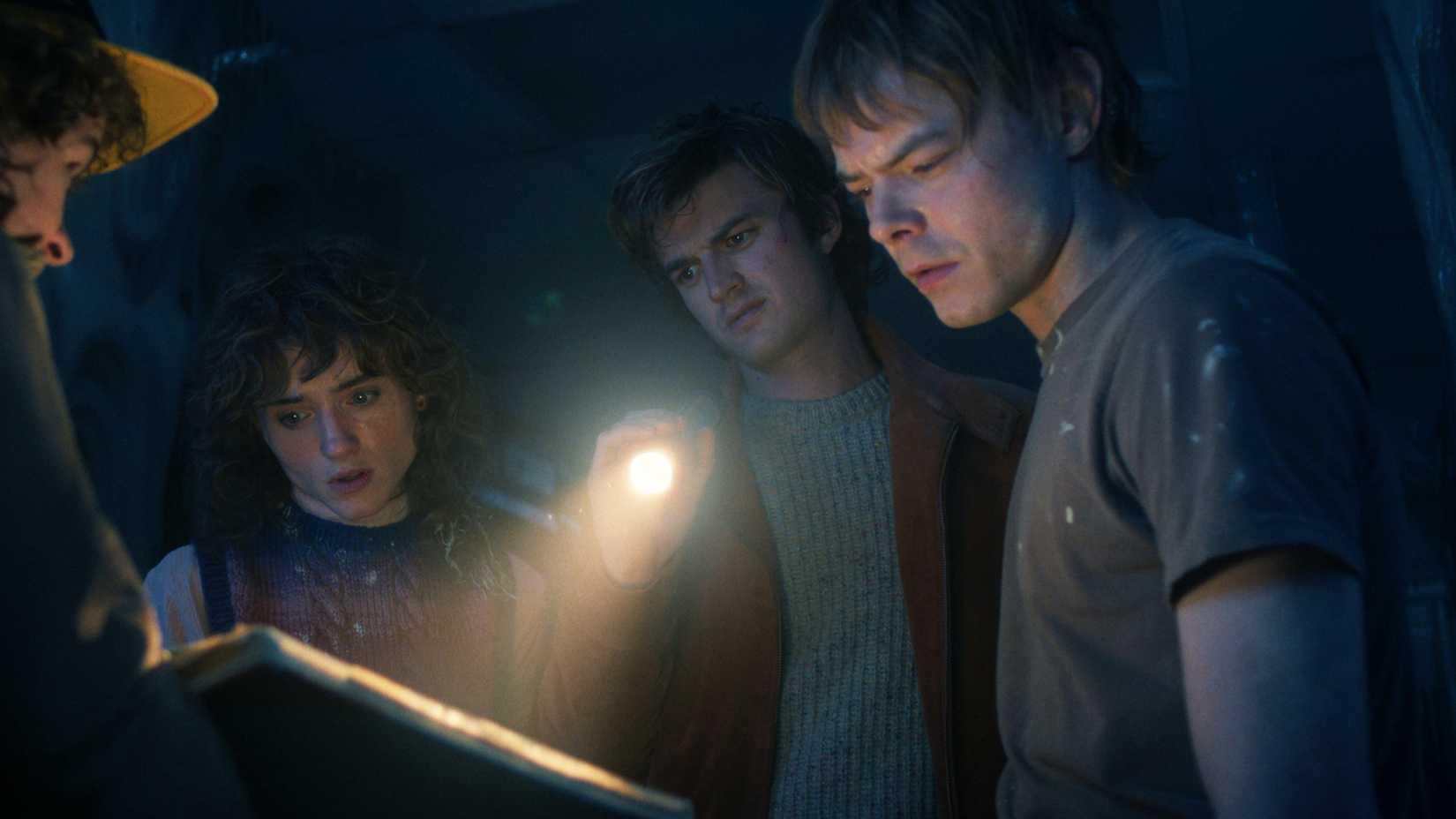 Natalia Dyer as Nancy, Joe Keery as Steve, and Charlie Heaton as Jonathan in Stranger Things Season 5