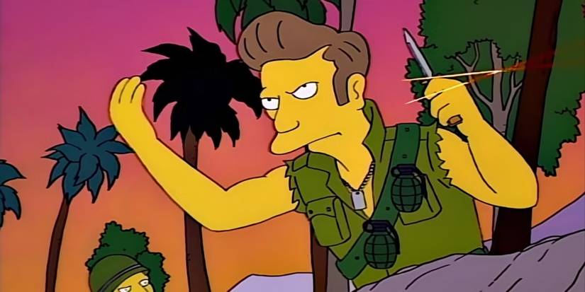 Armin Tamzarian/Seymour Skinner in a trench, wearing camo gear and grenades on his chest, in The Simpsons.