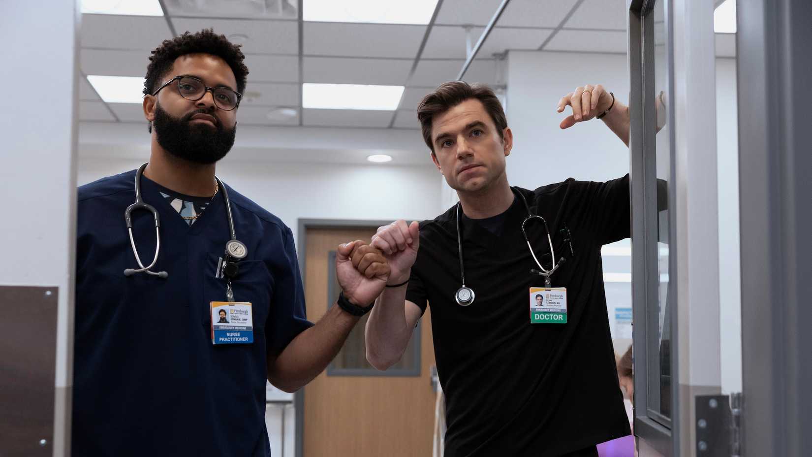 Frank and nurse bumping fists in The Pitt.