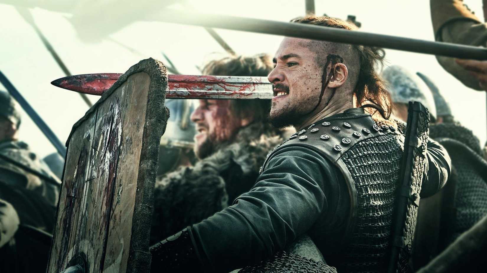 Uhtred aims a bloody sword in The Last Kingdom
