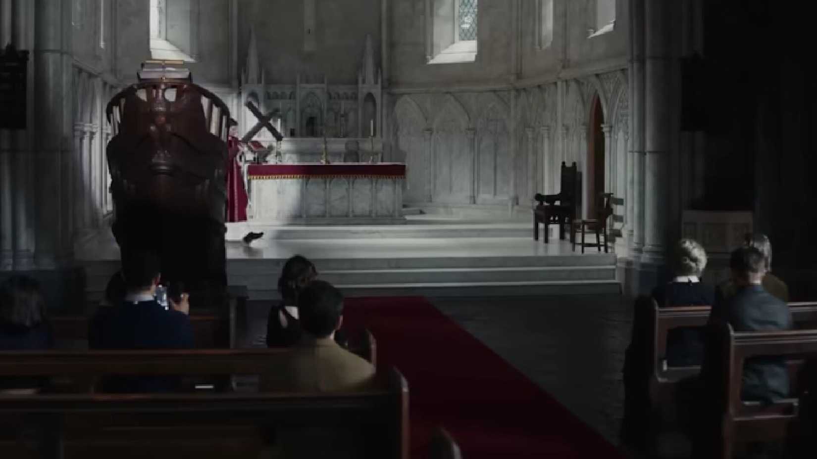 Characters in church during Wake Up Dead Man's murder.