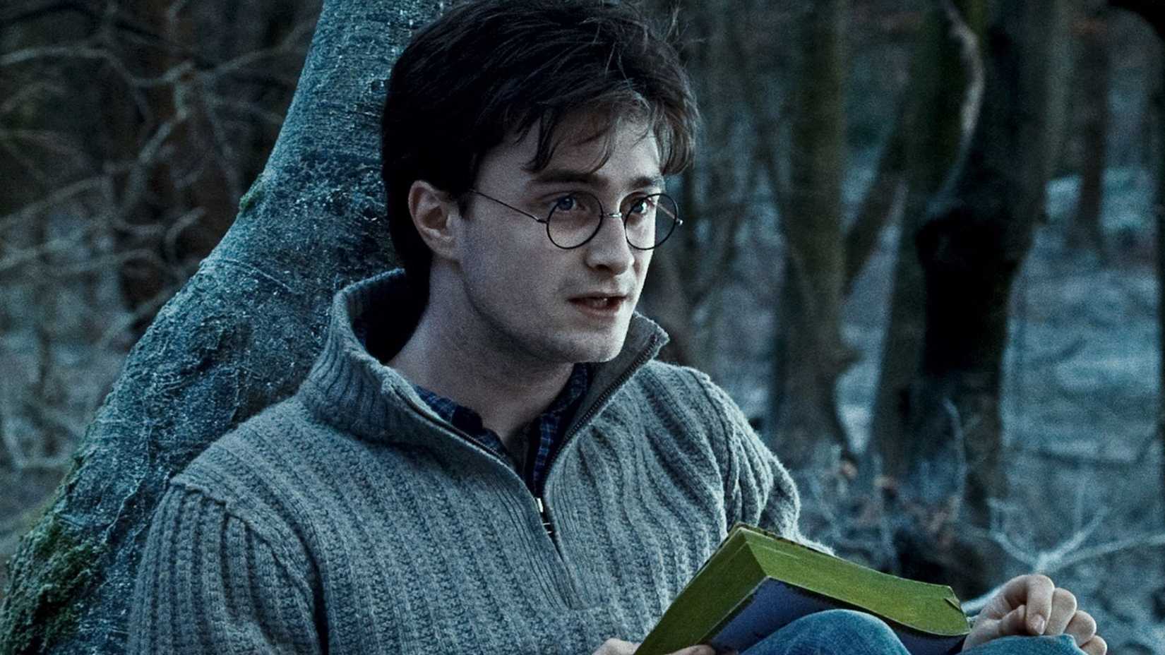 Daniel Radcliffe reading a book as Harry in Harry Potter in and the Deathly Hallows