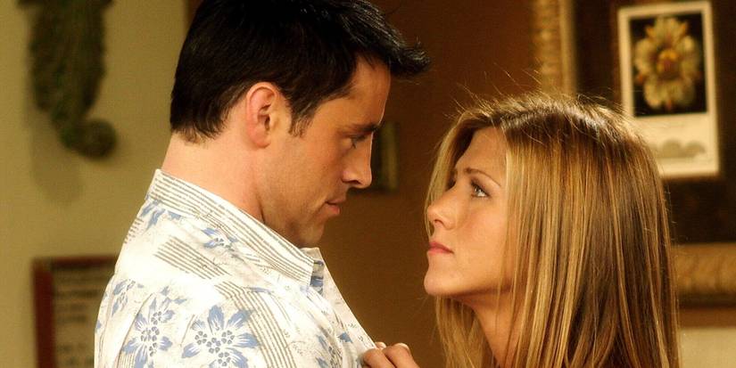 Joey and Rachel looking into each others eyes while in their hotel room in Barcelona in Friends.