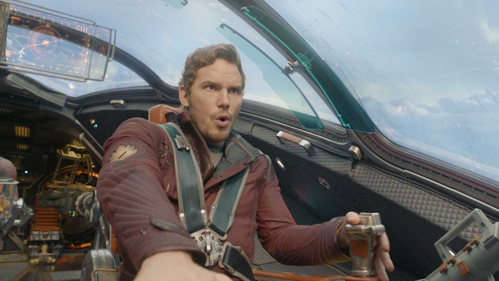 Chris Pratt as Peter Quill flying his ship in Guardians of the Galaxy.