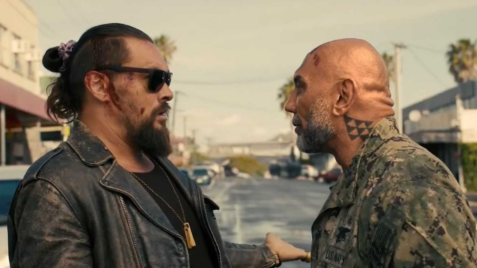 Jason Momoa and Dave Bautista on the street in The Wrecking Crew