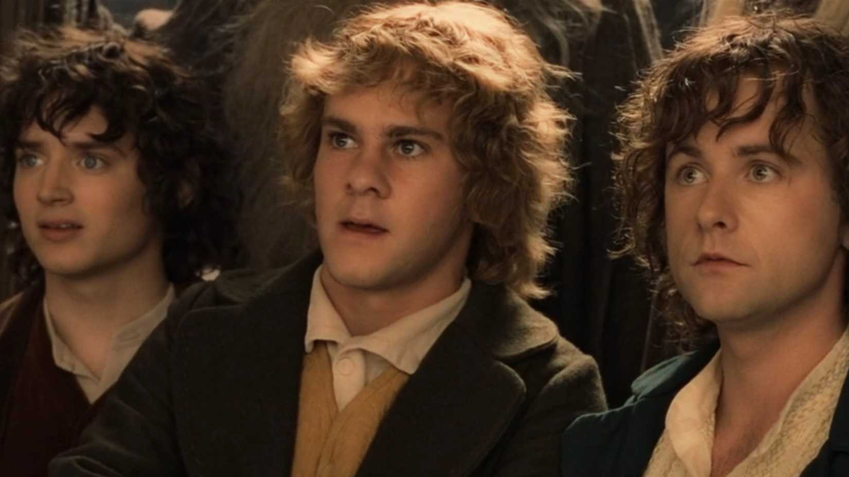 Elijah Wood, Dominic Monaghan, and Billy Boyd in The Lord of the Rings: The Fellowship of the RIng