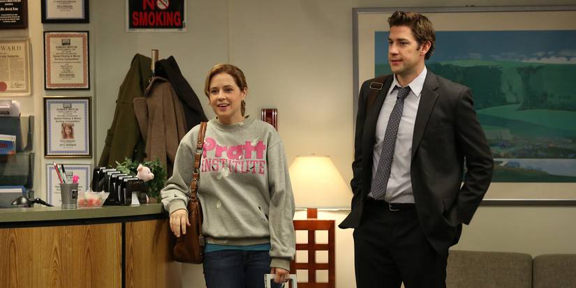 Pam, who is wearing her painting clothes and is getting ready to work on her mural, and Jim standing by reception in The Office.