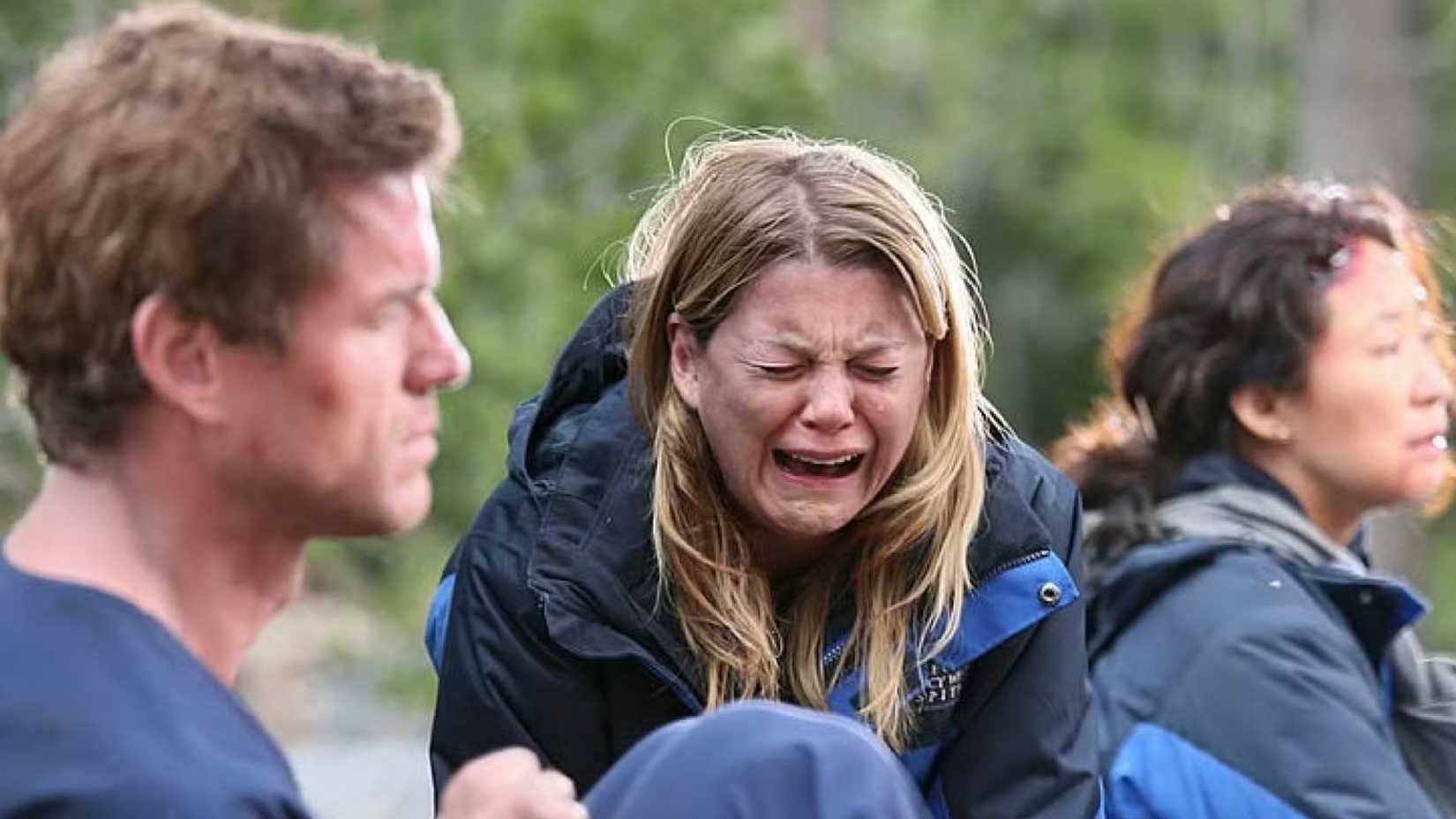 Meredith crying after the plane crash on Grey's Anatomy