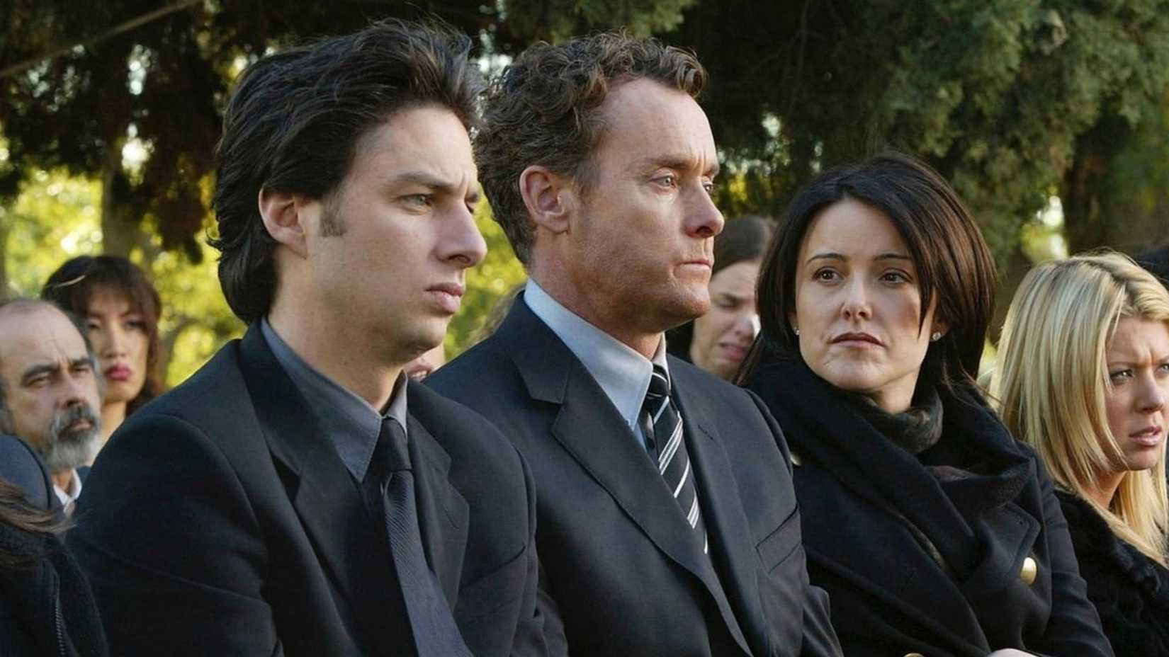 Jordan, Cox, and J.D attending Ben's funeral in Scrubs