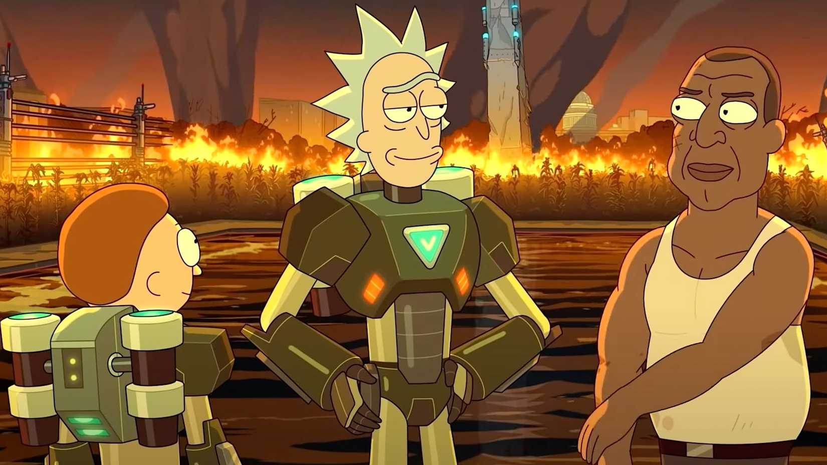 President Curtis with the titular duo in Rick and Morty's Thanksploitation Spectacular